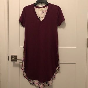 Anthropologie T.LA Purple Cream Floral Long Tunic Short Sleeves Tee Tshirt XXSP